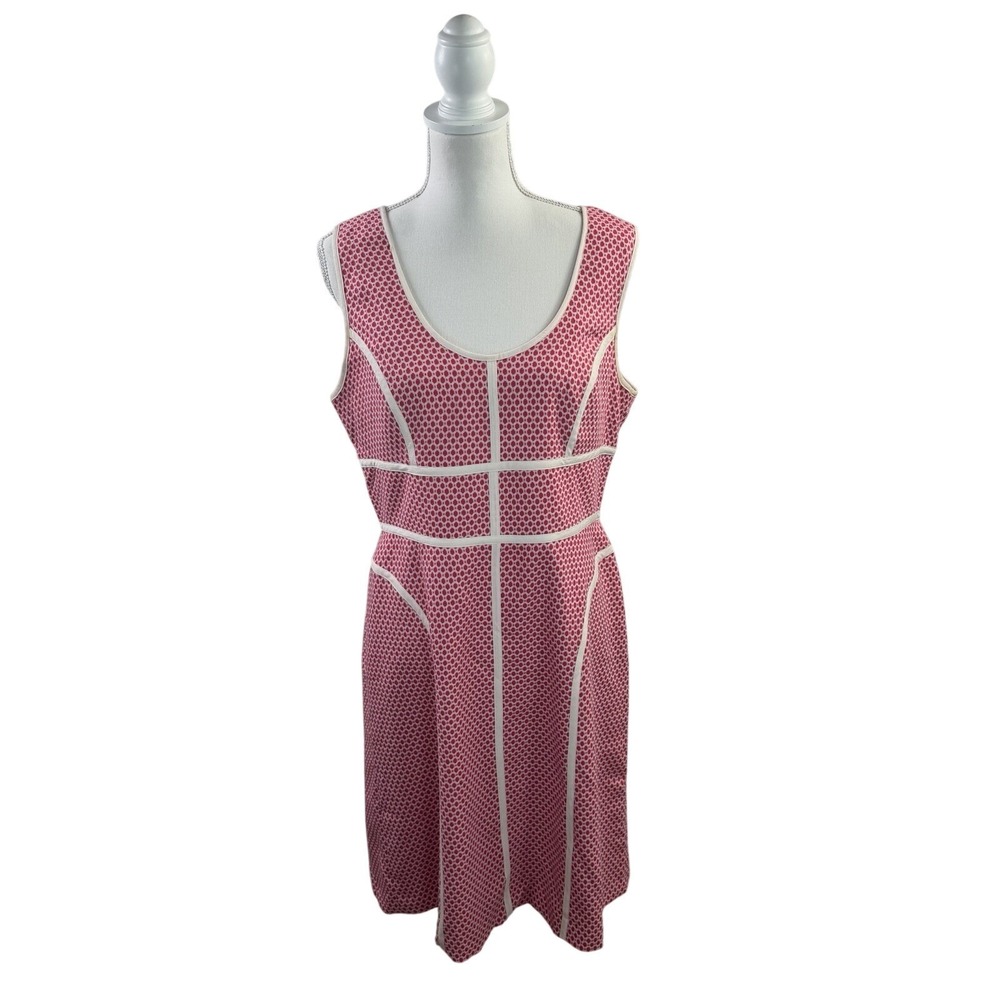 Adrianna Papell Guava Dot Sz 12 Pink White Piping U-Neck Texture Knit Dress $120